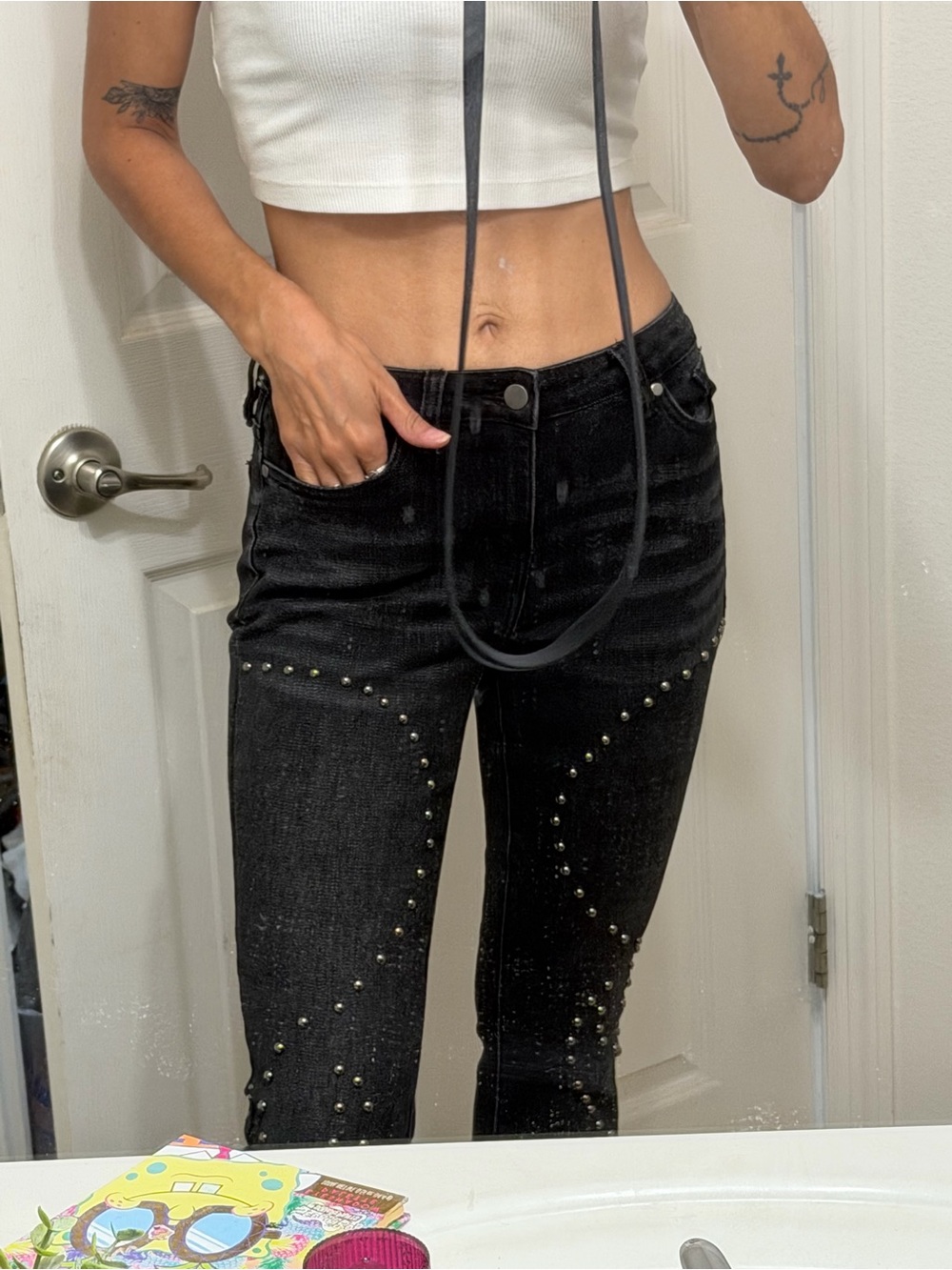 Fashion Nova Black Studded Flare Jeans Y2K Rhinestone Bell Bottoms Size 1